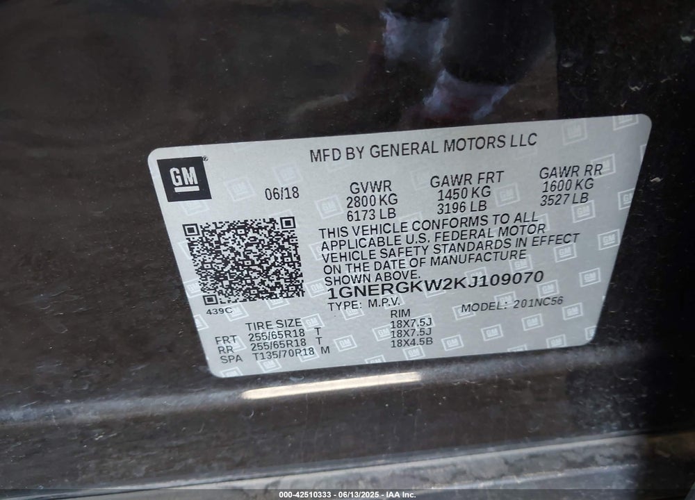 2019 CHEVROLET TRAVERSE VIN: 1GNERGKW2KJ109070