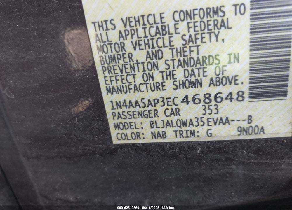2014 NISSAN MAXIMA VIN: 1N4AA5AP3EC468648