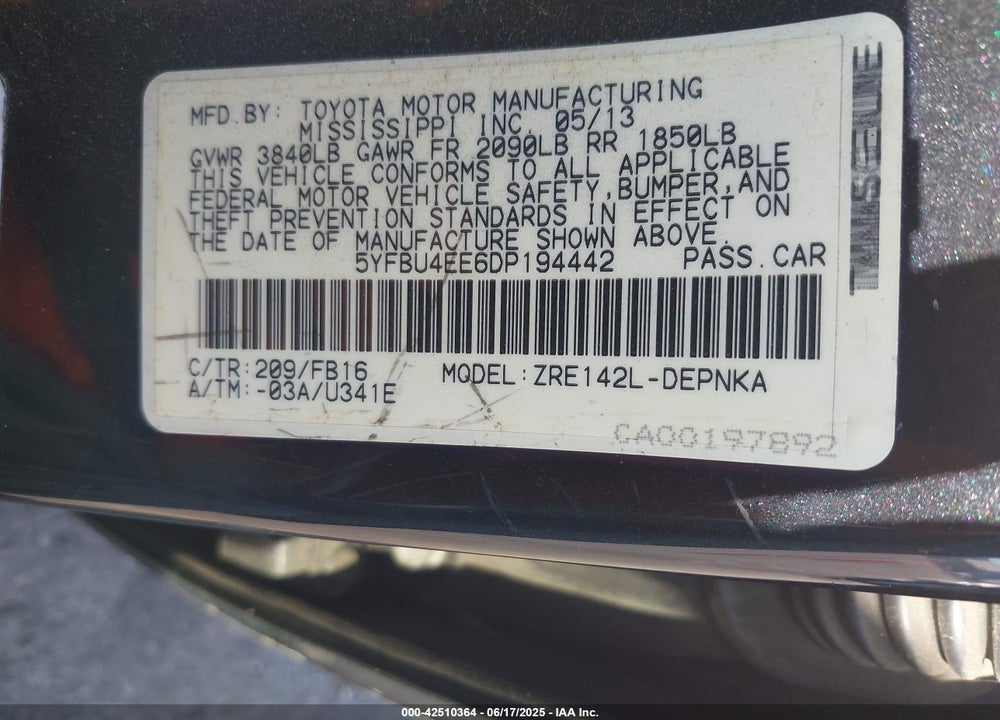 2013 TOYOTA COROLLA LE VIN: 5YFBU4EE6DP194442