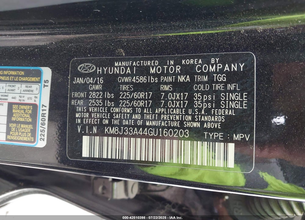 2016 HYUNDAI TUCSON SE VIN: KM8J33A44GU160203