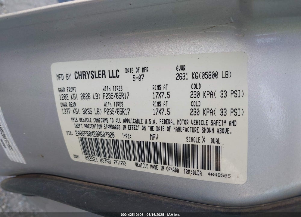 2008 CHRYSLER PACIFICA VIN: 2A8GF68X28R607920