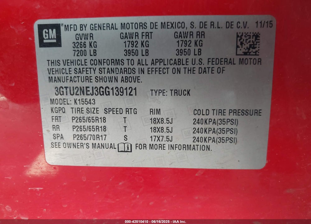 2016 GMC SIERRA VIN: 3GTU2NEJ3GG139121
