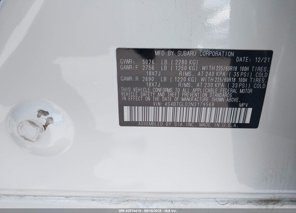 2022 SUBARU OUTBACK VIN: 4S4BTGLD2N3179568