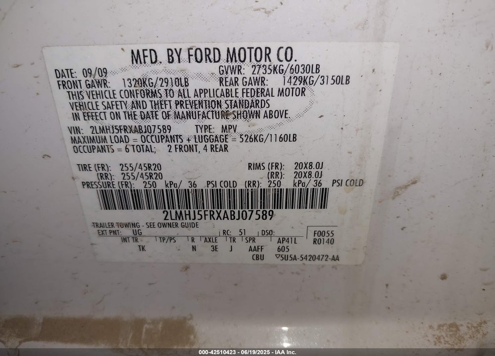 2010 LINCOLN MKT VIN: 2LMHJ5FRXABJ07589