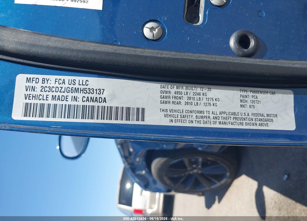 2021 DODGE CHALLENGER VIN: 2C3CDZJG6MH533137