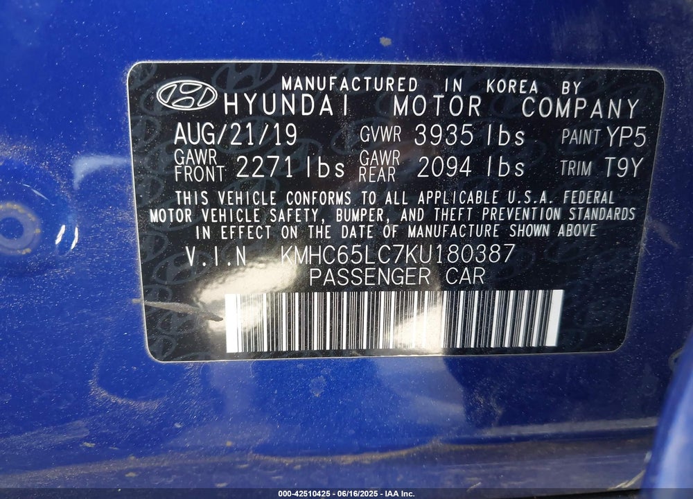 2019 HYUNDAI IONIQ HYBRID VIN: KMHC65LC7KU180387