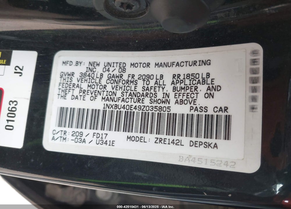 2009 TOYOTA COROLLA S VIN: 1NXBU40E49Z035805