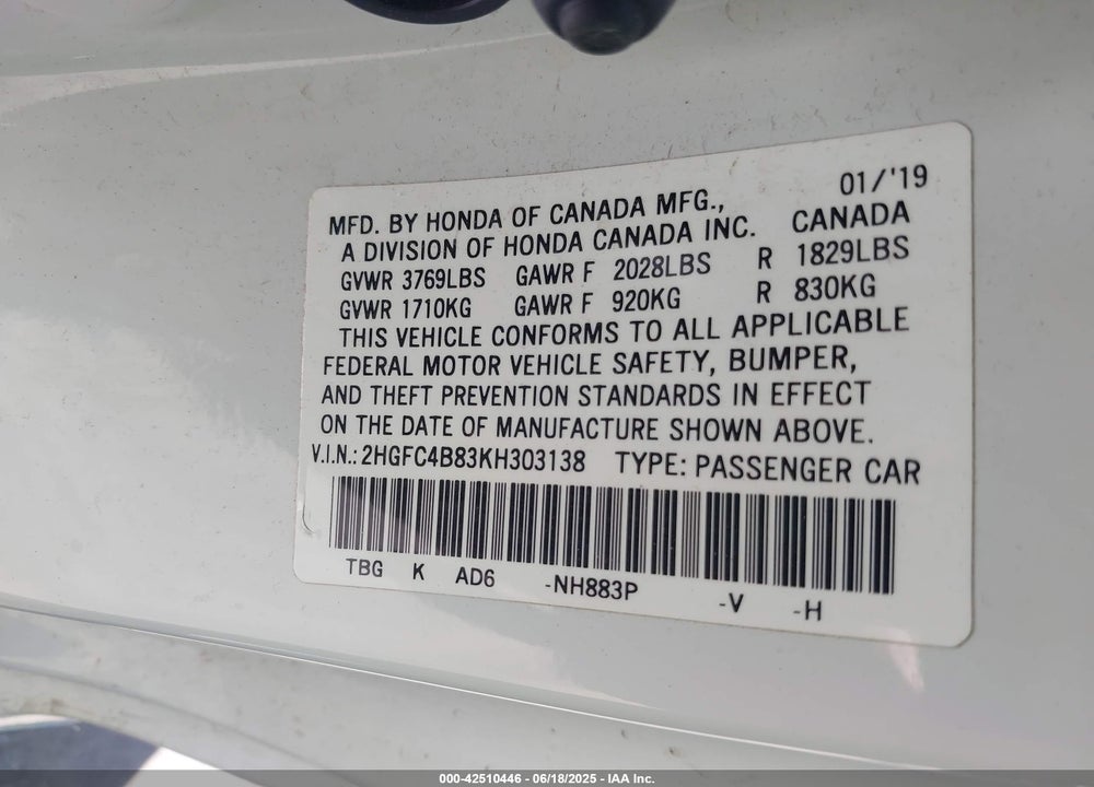 2019 HONDA CIVIC VIN: 2HGFC4B83KH303138