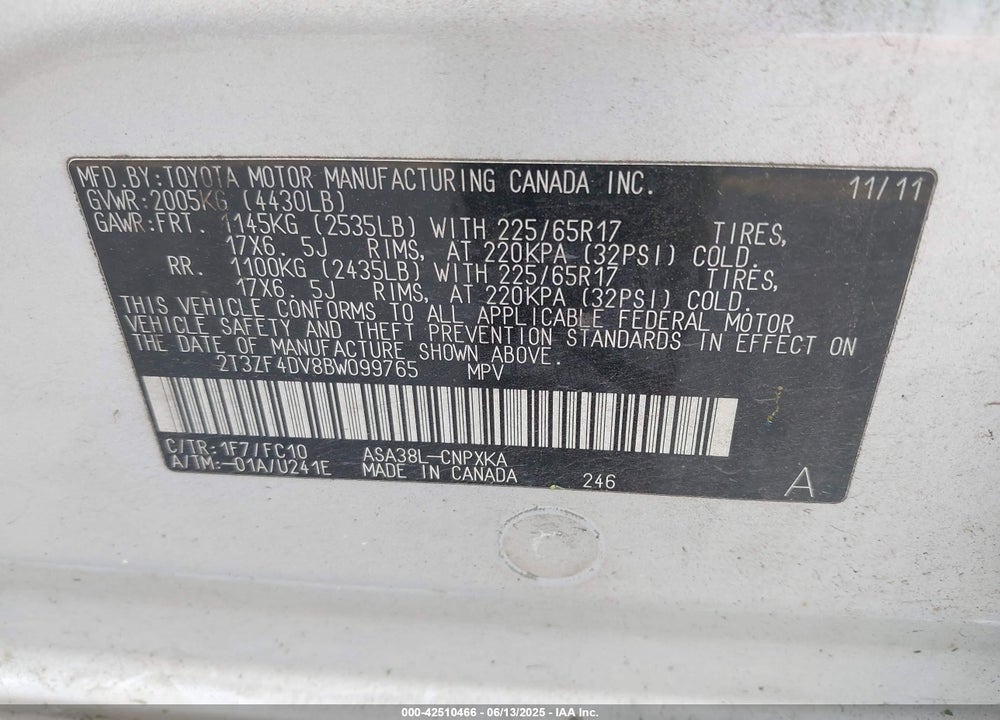 2011 TOYOTA RAV4 VIN: 2T3ZF4DV8BW099765