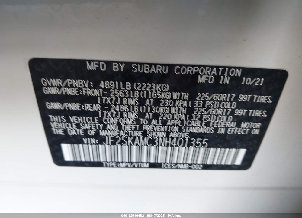 2022 SUBARU FORESTER VIN: JF2SKAMC3NH401355
