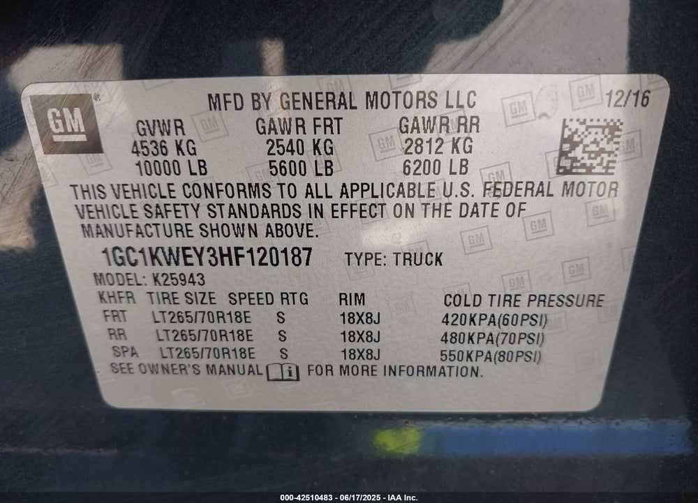 2017 CHEVROLET SILVERADO 2500HD VIN: 1GC1KWEY3HF120187