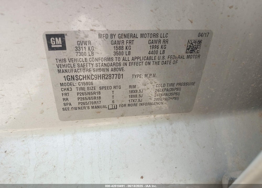 2017 CHEVROLET SUBURBAN VIN: 1GNSCHKC9HR287701