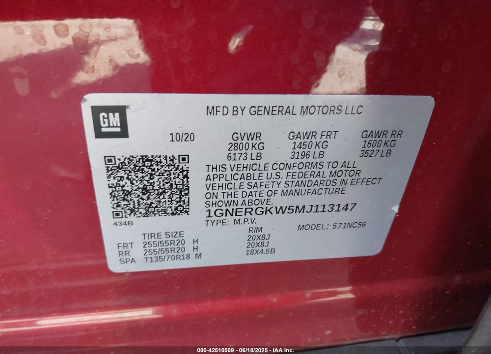2021 CHEVROLET TRAVERSE VIN: 1GNERGKW5MJ113147