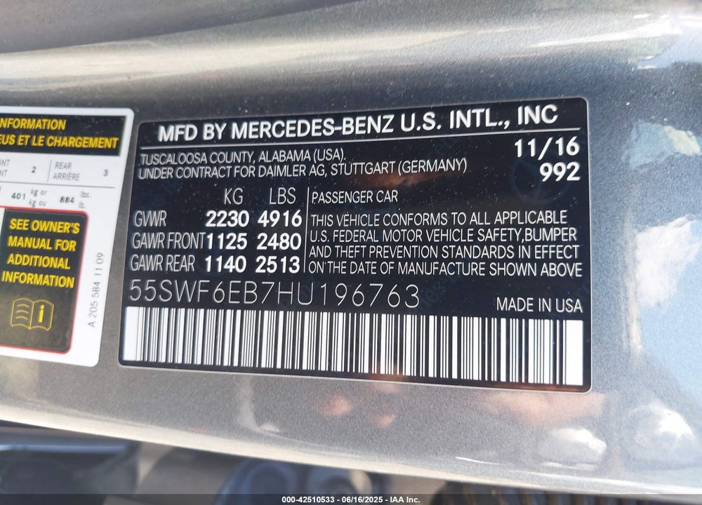 2017 MERCEDES-BENZ AMG C 43 VIN: 55SWF6EB7HU196763