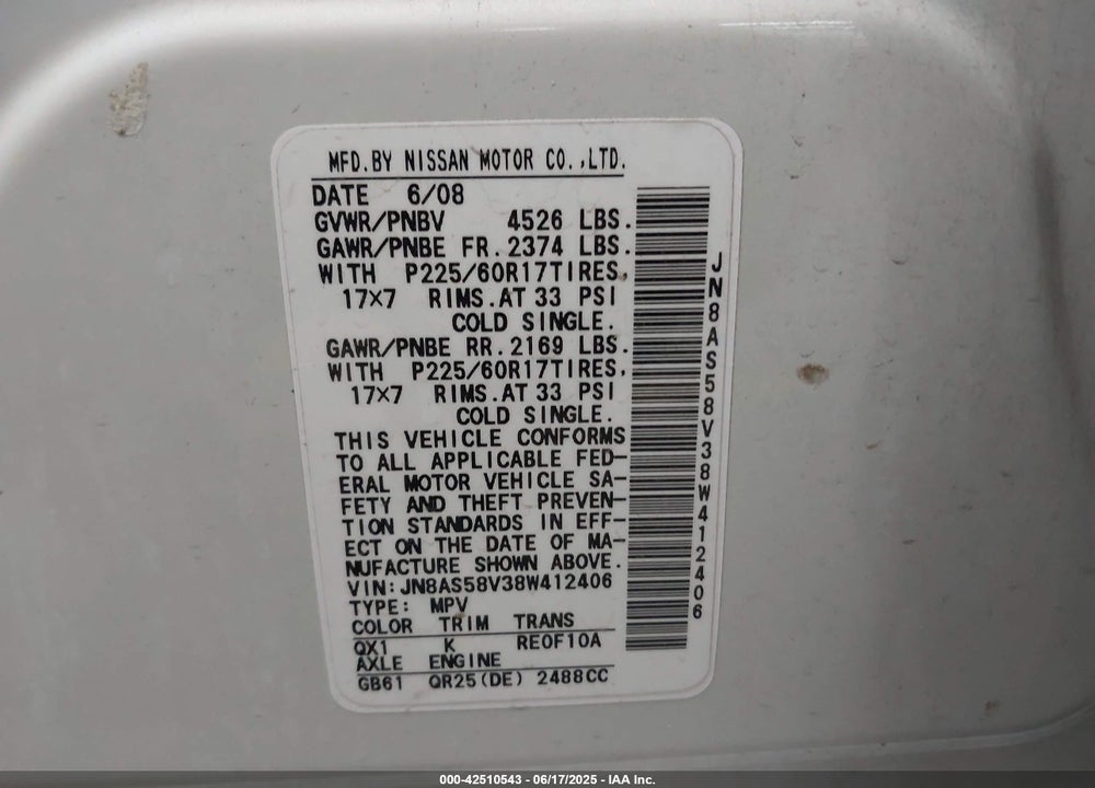 2008 NISSAN ROGUE SL VIN: JN8AS58V38W412406