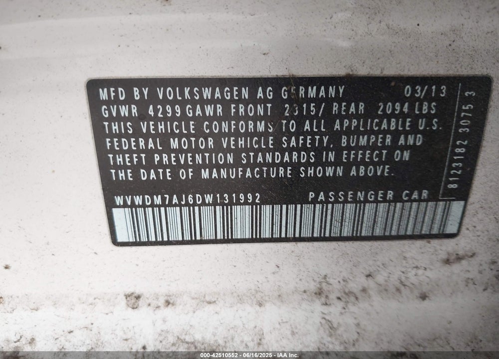 2013 VOLKSWAGEN GOLF VIN: WVWDM7AJ6DW131992