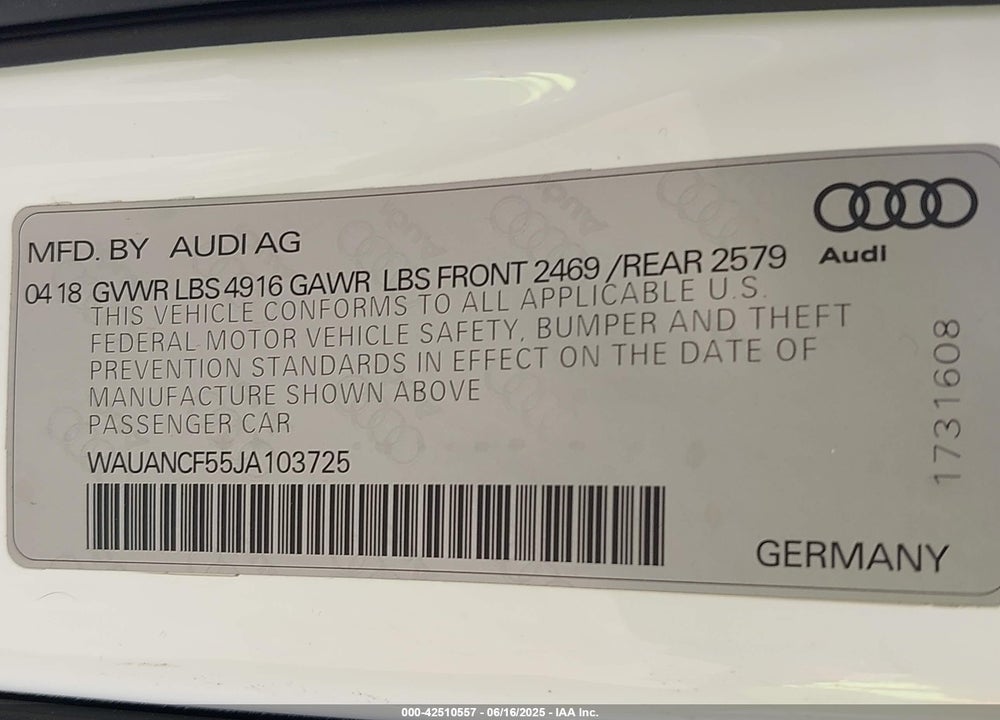 2018 AUDI A5 2.0T PREMIUM VIN: WAUANCF55JA103725