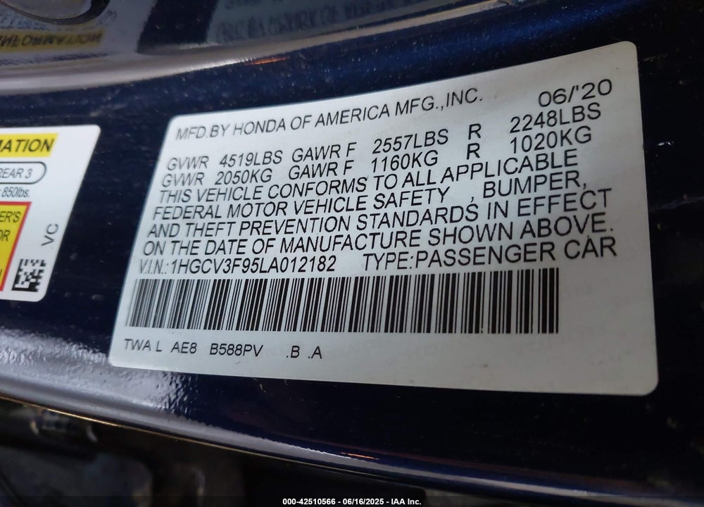 2020 HONDA ACCORD VIN: 1HGCV3F95LA012182