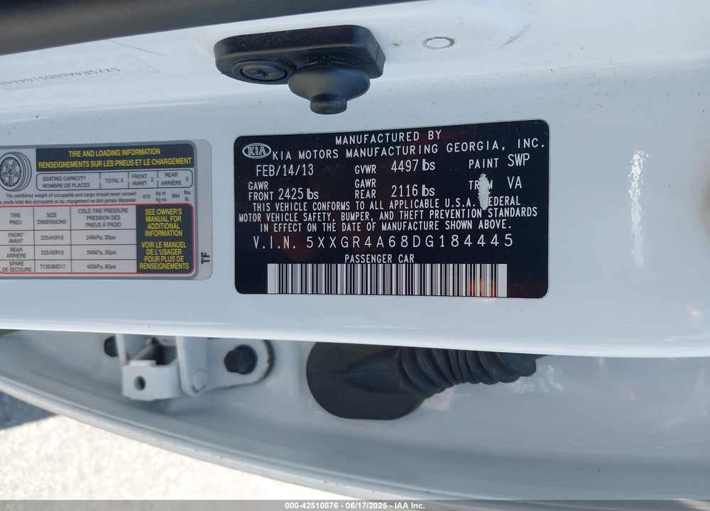 2013 KIA OPTIMA SX VIN: 5XXGR4A68DG184445