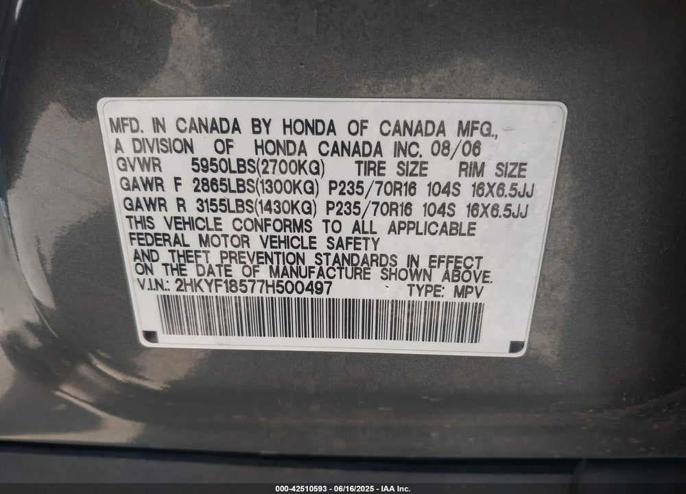 2007 HONDA PILOT VIN: 2HKYF18577H500497