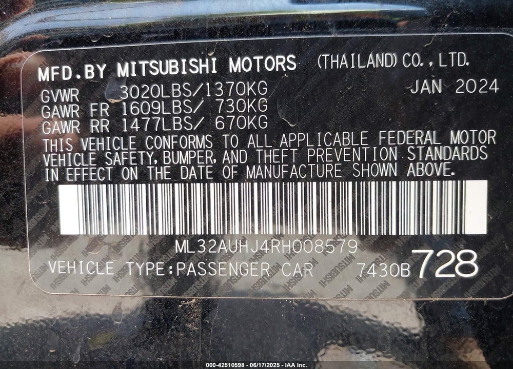 2024 MITSUBISHI MIRAGE VIN: ML32AUHJ4RH008579