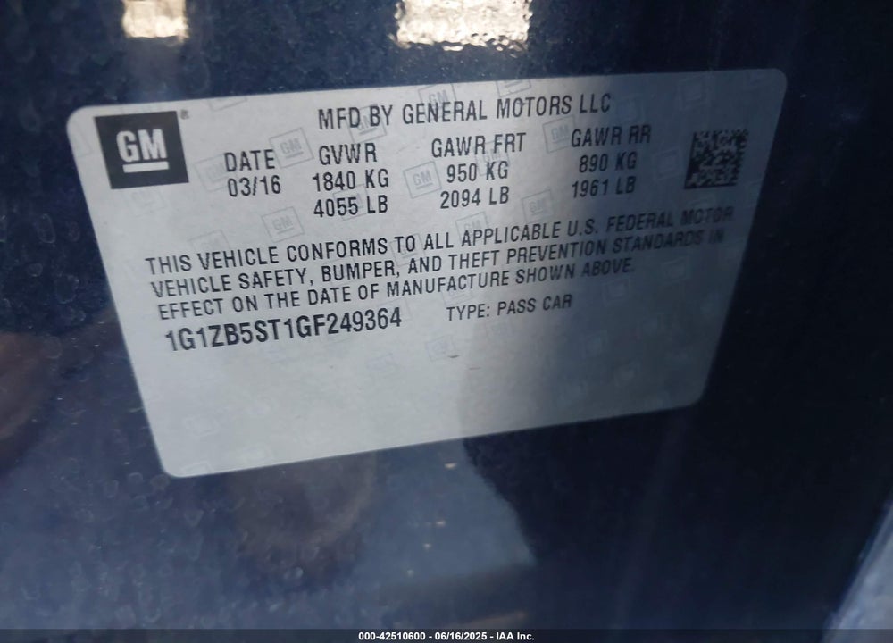 2016 CHEVROLET MALIBU VIN: 1G1ZB5ST1GF249364