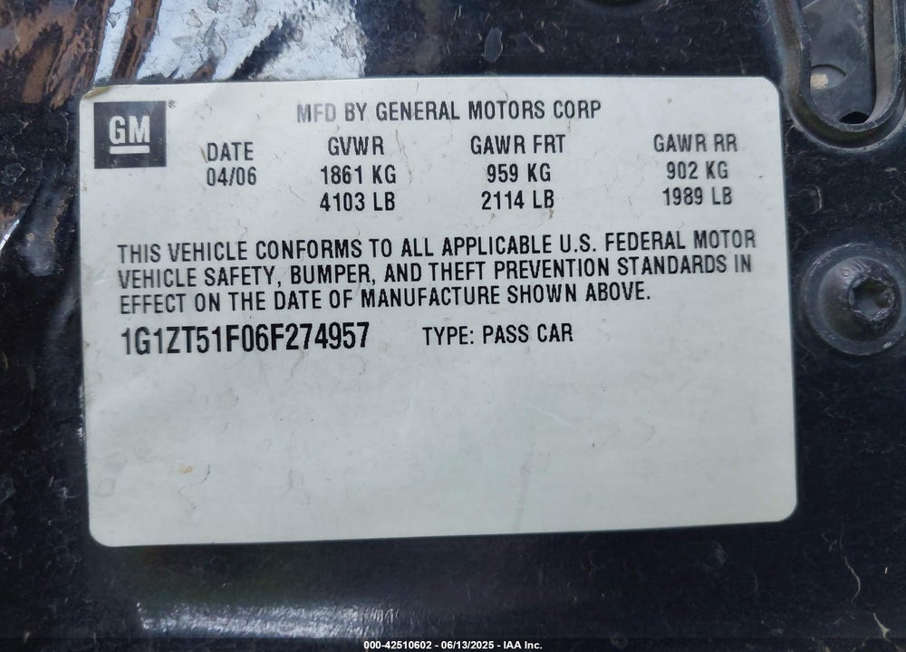 2006 CHEVROLET MALIBU VIN: 1G1ZT51F06F274957