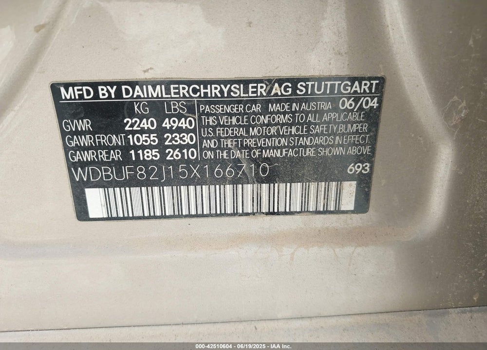 2005 MERCEDES-BENZ E 320 4MATIC VIN: WDBUF82J15X166710