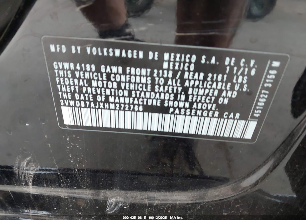 2017 VOLKSWAGEN JETTA VIN: 3VWDB7AJXHM272766