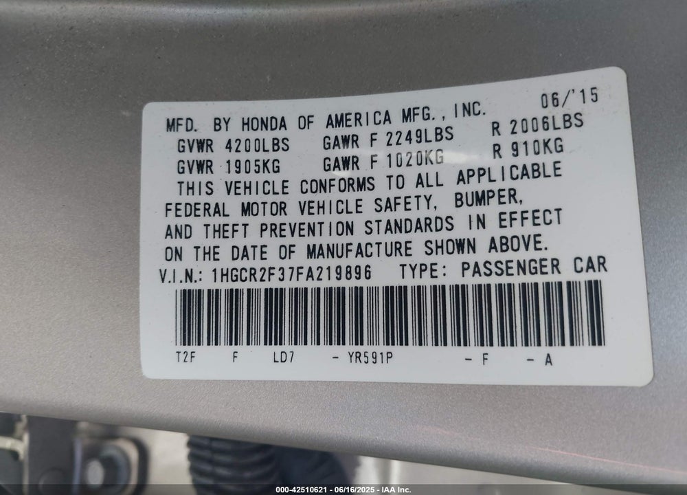 2015 HONDA ACCORD VIN: 1HGCR2F37FA219896