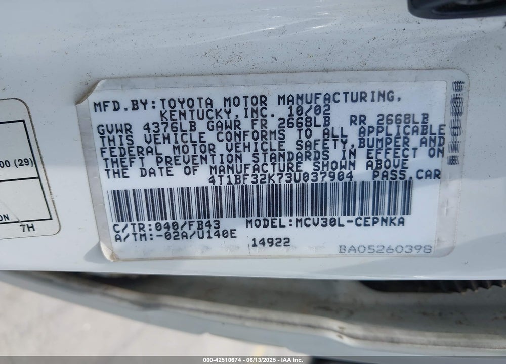 2003 TOYOTA CAMRY LE V6 VIN: 4T1BF32K73U037904