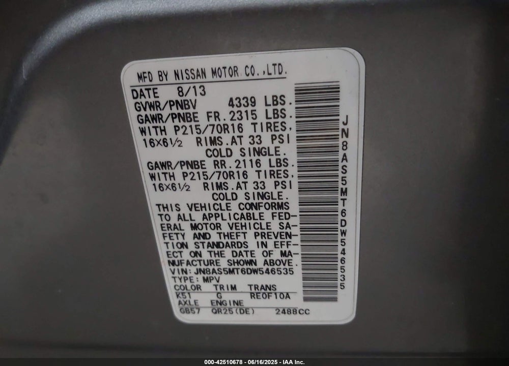 2013 NISSAN ROGUE VIN: JN8AS5MT6DW546535