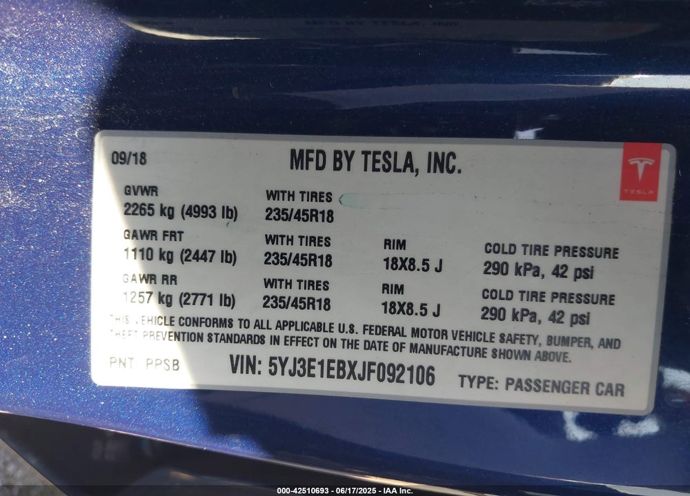 2018 TESLA MODEL 3 VIN: 5YJ3E1EBXJF092106