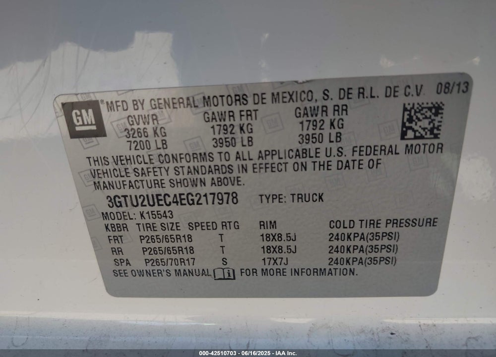 2014 GMC SIERRA 1500 SLE VIN: 3GTU2UEC4EG217978