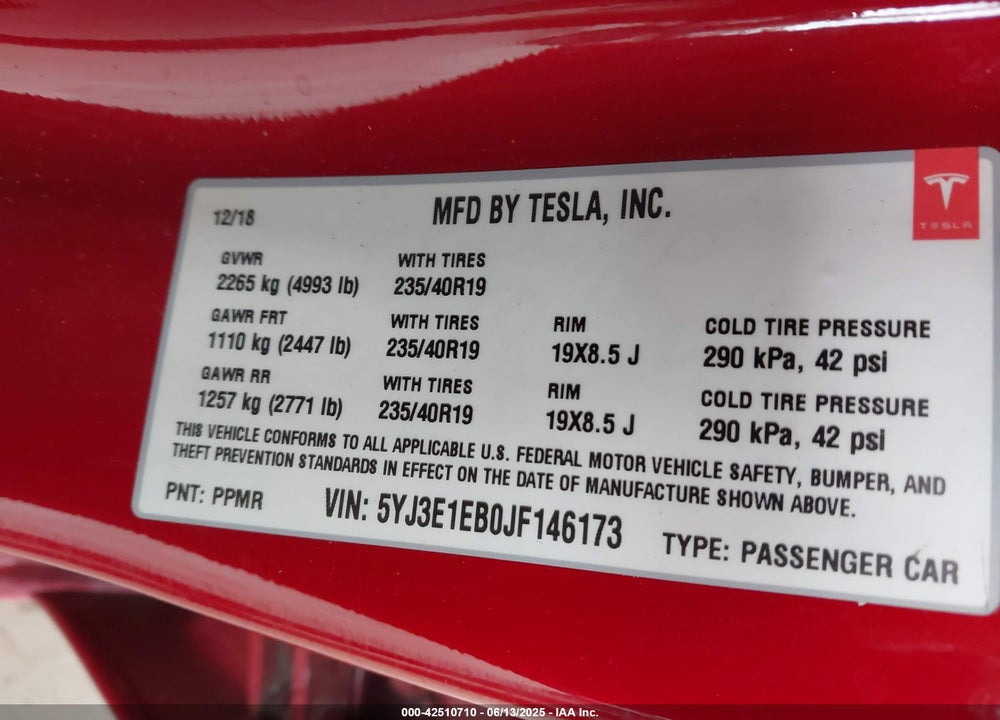 2018 TESLA MODEL 3 VIN: 5YJ3E1EB0JF146173