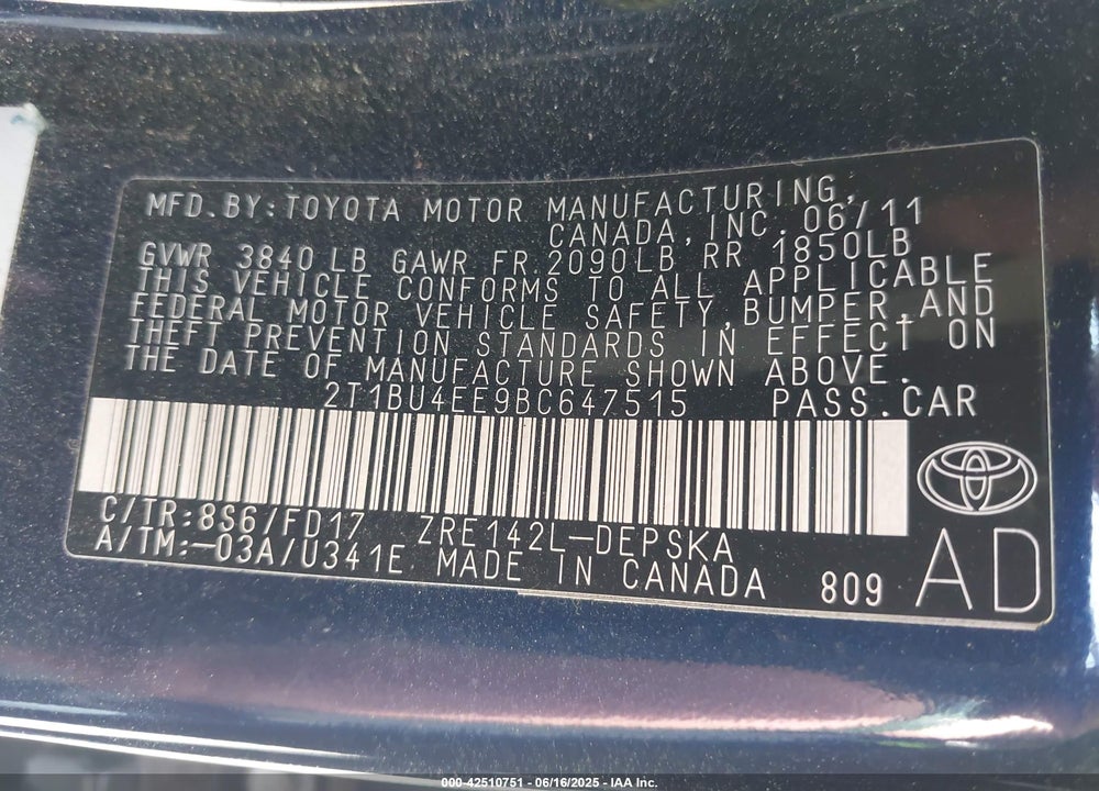 2011 TOYOTA COROLLA S VIN: 2T1BU4EE9BC647515