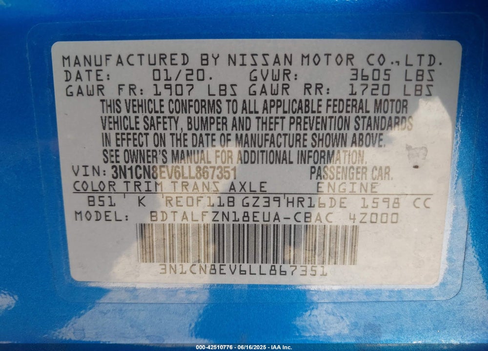2020 NISSAN VERSA SV XTRONIC CVT VIN: 3N1CN8EV6LL867351