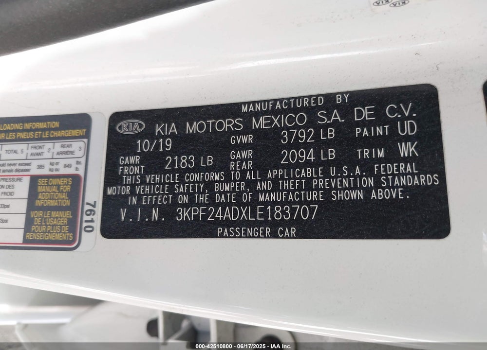 2020 KIA FORTE VIN: 3KPF24ADXLE183707