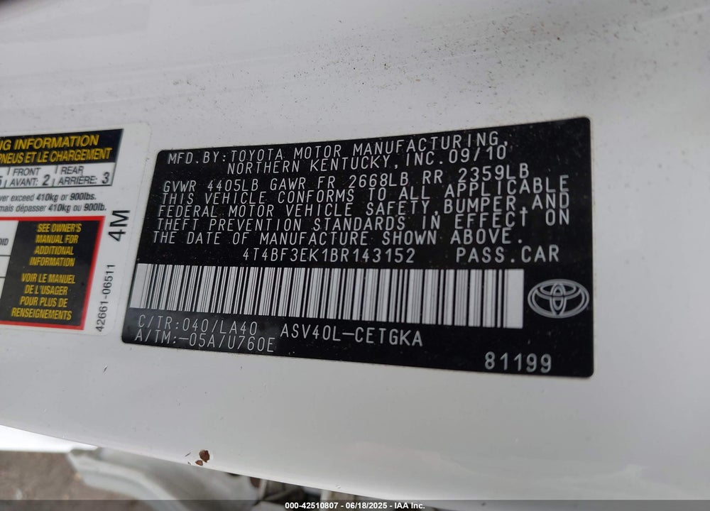 2011 TOYOTA CAMRY XLE VIN: 4T4BF3EK1BR143152