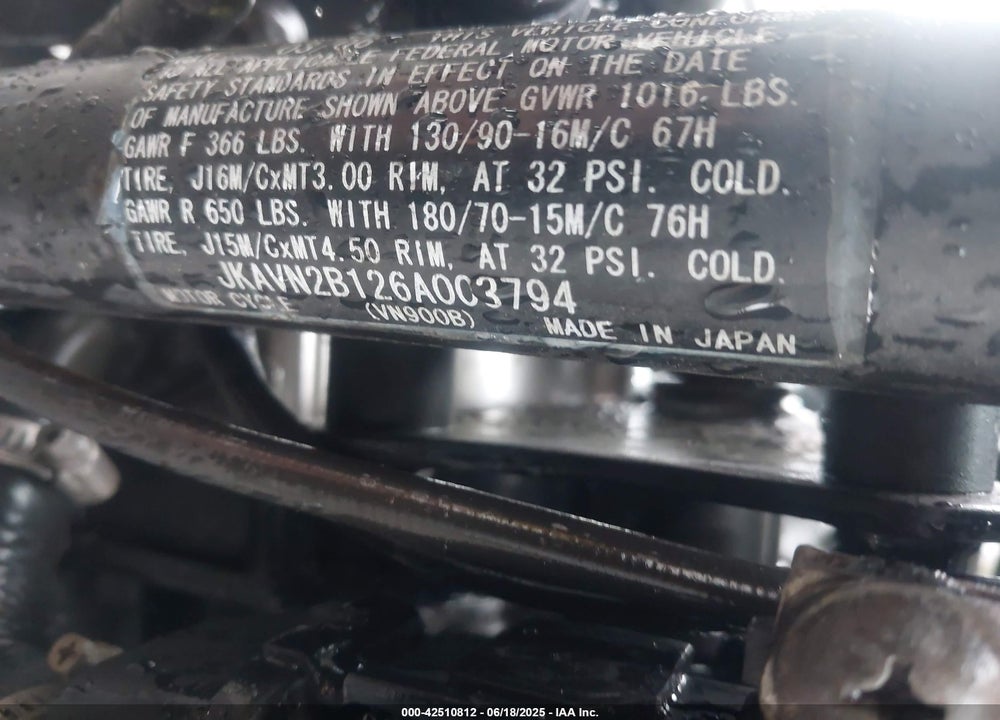 2006 KAWASAKI VN900 B VIN: JKAVN2B126A003794