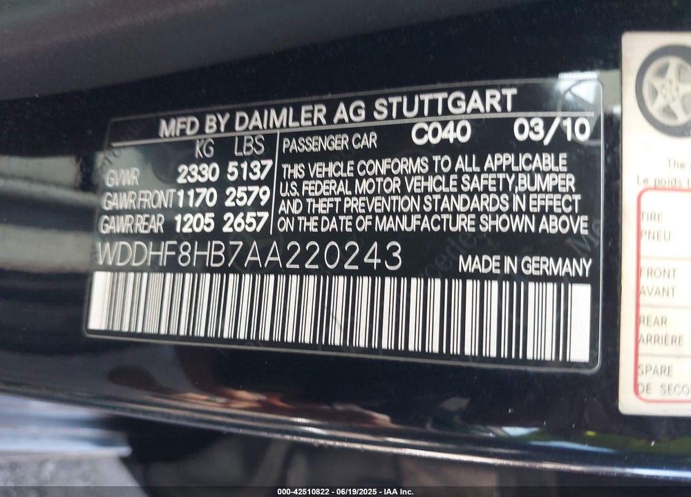2010 MERCEDES-BENZ E VIN: WDDHF8HB7AA220243
