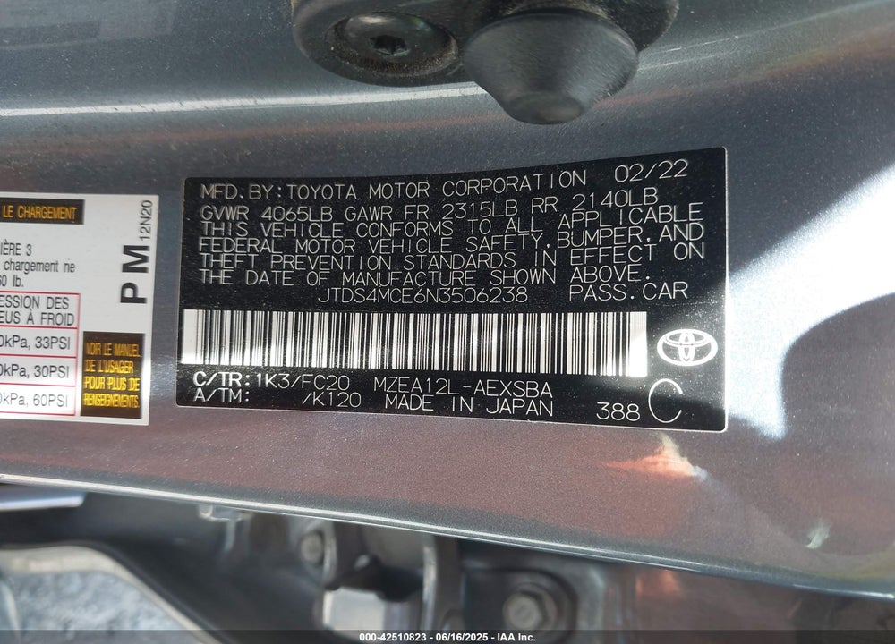 2022 TOYOTA COROLLA VIN: JTDS4MCE6N3506238