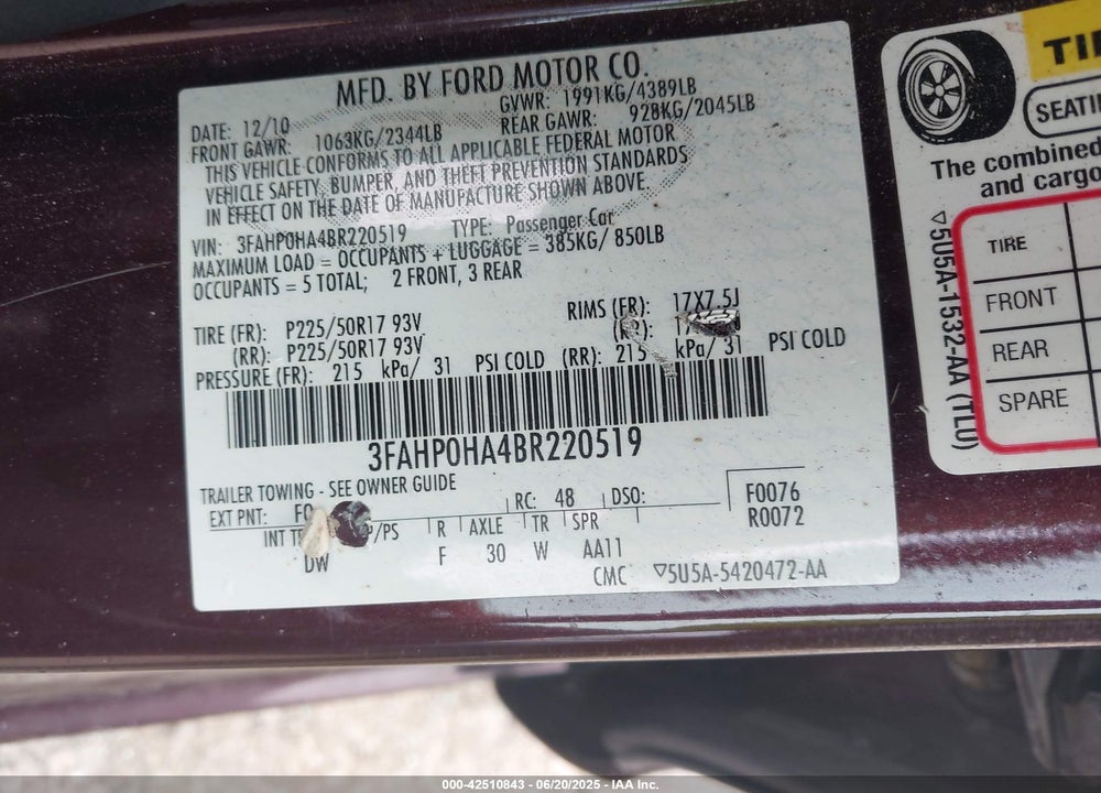 2011 FORD FUSION VIN: 3FAHP0HA4BR220519