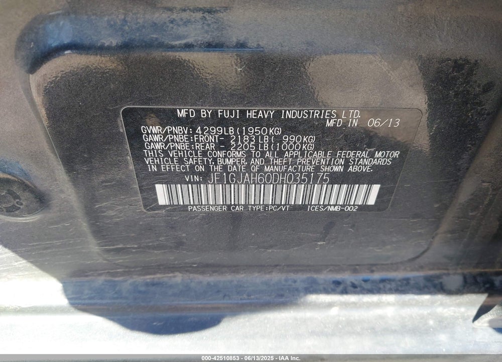 2013 SUBARU IMPREZA VIN: JF1GJAH60DH035175