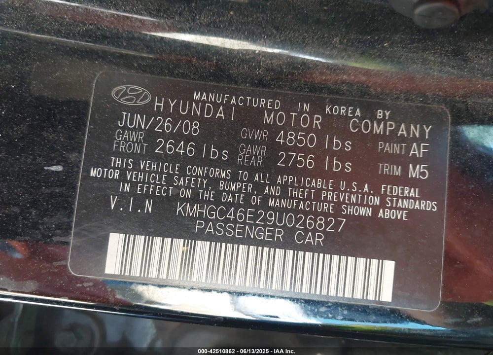 2009 HYUNDAI GENESIS VIN: KMHGC46E29U026827