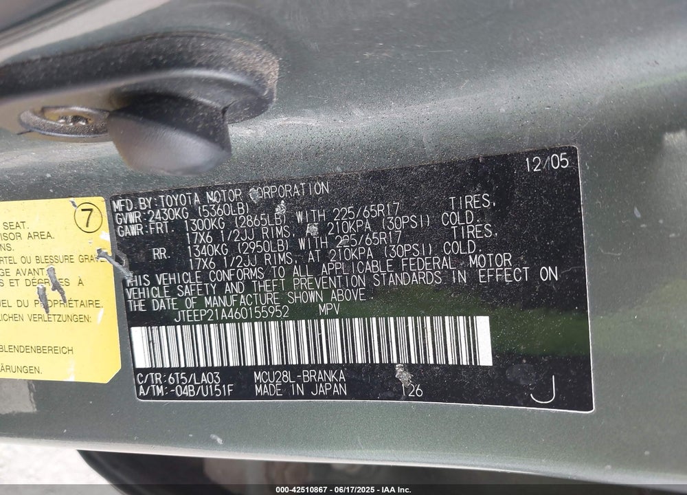 2006 TOYOTA HIGHLANDER LIMITED V6 VIN: JTEEP21A460155952