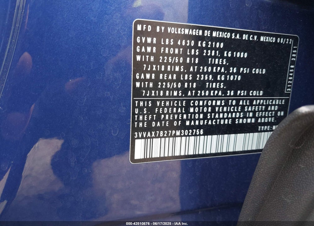 2023 VOLKSWAGEN TAOS VIN: 3VVAX7B27PM302756