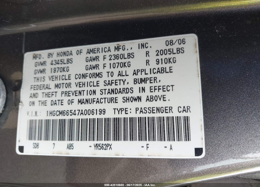2007 HONDA ACCORD VIN: 1HGCM66547A006199