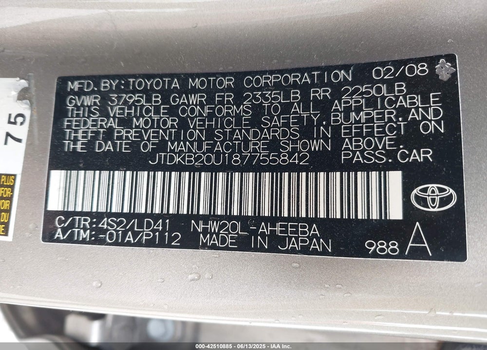 2008 TOYOTA PRIUS VIN: JTDKB20U187755842