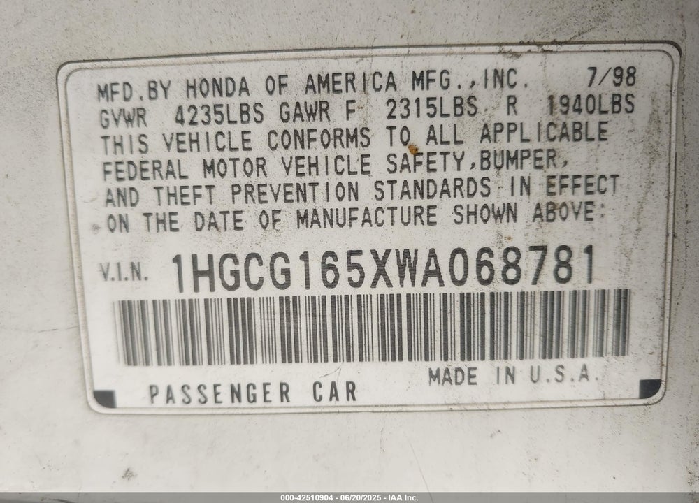 1998 HONDA ACCORD EX V6 VIN: 1HGCG165XWA068781
